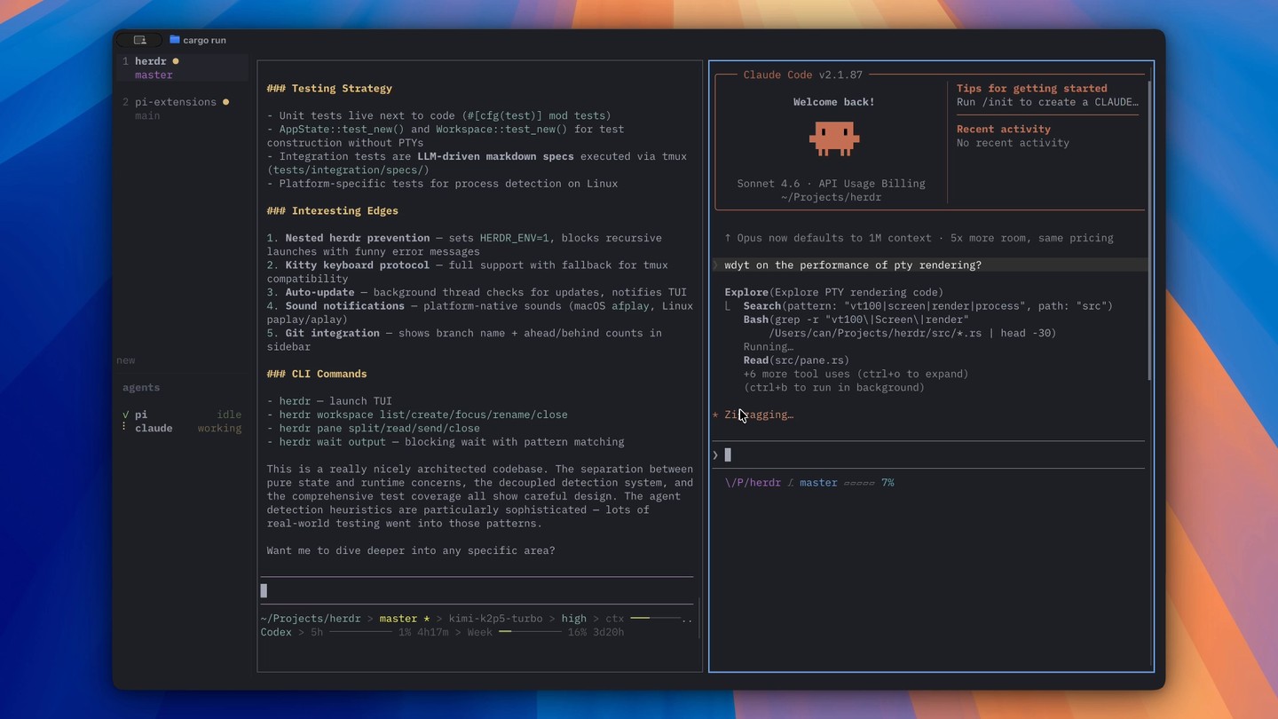 herdrの画面。左のサイドバーに作業スペースと、エージェントごとの状態（idle、working）が並び、右側でClaude Codeなど2つのエージェントが同時に動いている