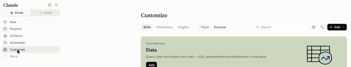 Claudeの左のメニューで「Customize」を選んだ画面。右側に「Customize」の見出しと「Skills」のタブ、右上に「Add」のボタンがある