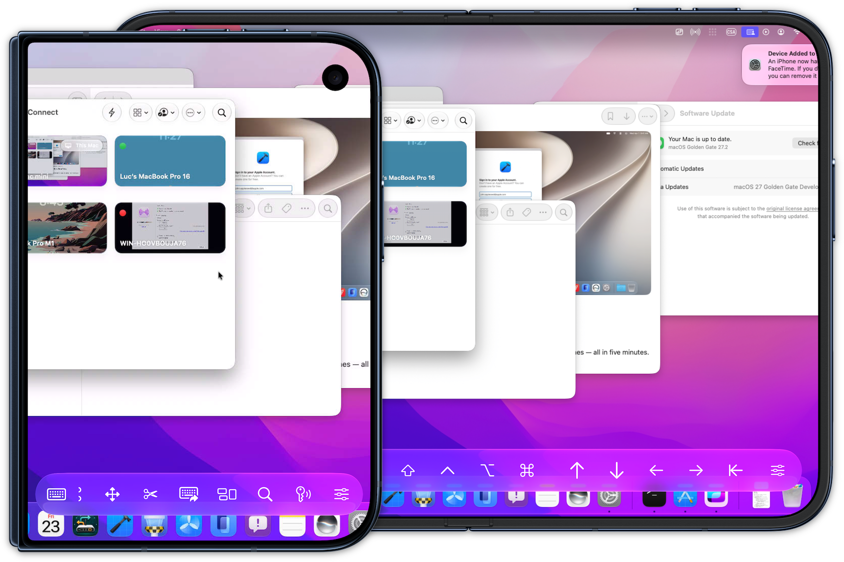 Edovia公式のScreens製品画像。前面にiPhone Duoの外側、背面に内側の表示例。Macのウインドウと画面下部の操作バーが見える