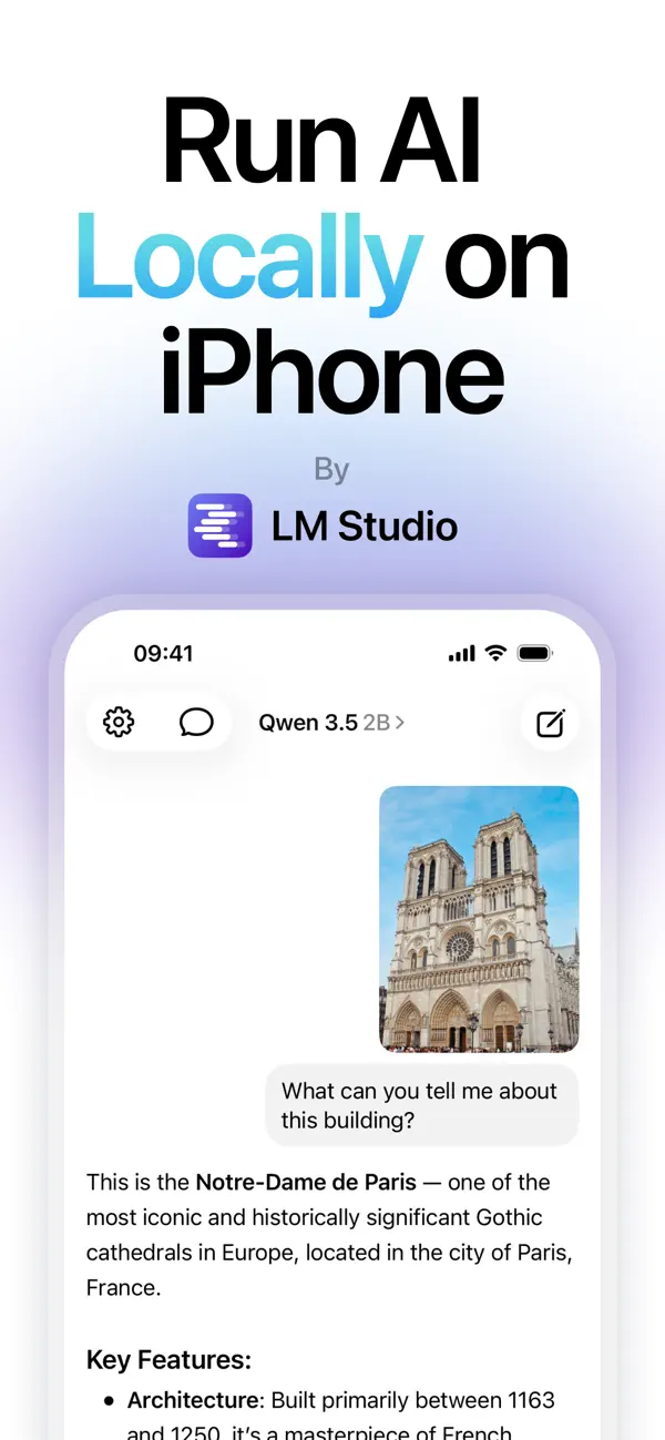 Locally公式のチャット画面。Qwen 3.5 2Bのモデル名、建物の画像と質問、回答が表示されている
