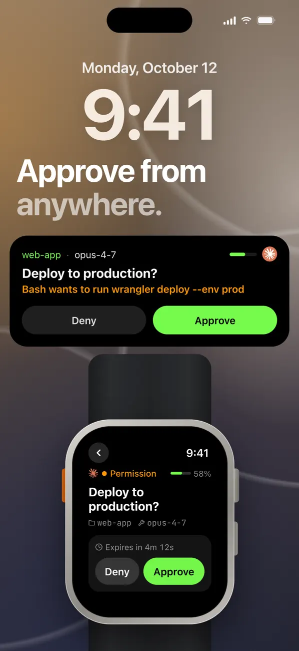 Moshi公式の承認画面。iPhoneとApple Watchに本番デプロイの確認が届き、拒否・承認ボタンが表示されている