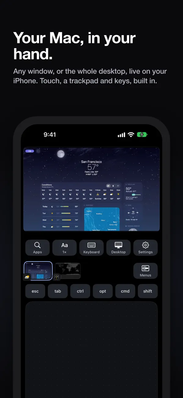 Sill公式のiPhone画面。Macの天気ウインドウ、切り替え用サムネイル、Commandなどのキーとトラックパッドが並ぶ